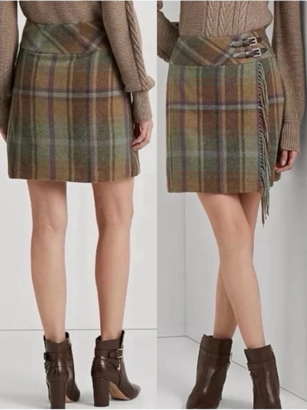 NWT Lauren Ralph Lauren Wool Plaid Kilt Skirt Fringe Tweed Wrap Green Purple 14